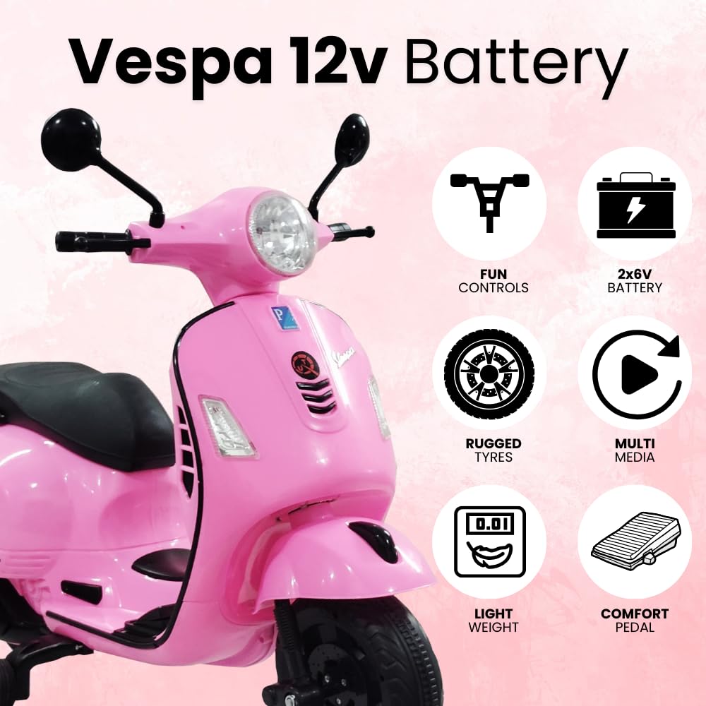 Authentic licensed pink Vespa ride-on scooter for children, 12-volt battery powered with realistic design and training wheels WWW.USMILE.TOYS